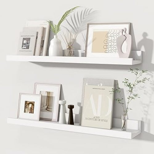 Fun Memories Picture Ledge Shelves Set of 2, 24 Inch Rustic Wall Mounted Floating Shelves with Lip for Home Storage and Décor in Bathroom, Kitchen, Nursery, Bedroom, Living Room, White