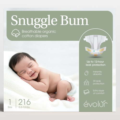 Evolur Snuggle Bum Baby Diapers - Size 1, 216 Count, for Newborns (6.6 lbs - 13 lbs), Ulta Absorbent Diapers Newborn Baby