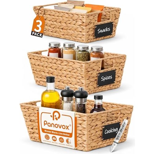 Pantry Organizers and Storage, Water Hyacinth Storage Baskets for Shelves, Natural Baskets for Organizing, Pantry Baskets with Chalkboard Labels and Marker