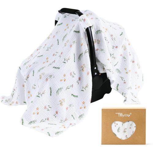TILLYOU Baby Car Seat Cover, Breathable Muslin Cotton Infant Car Seat Cover, Lightweight Canopy with Sun and Bug Protection(Daisy)