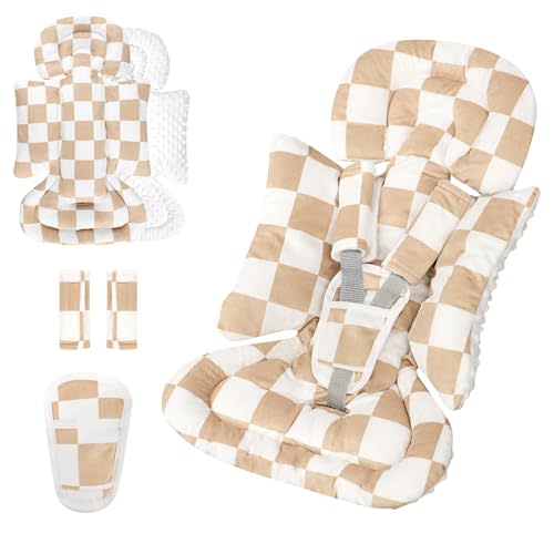 DILIMI Infant Car Seat Insert, Baby Car Seat Head Support with 3 Strap Paddings, Soft Newborn Car Seat Cushion for Stroller, Swing, Bouncers, Brown Checkered