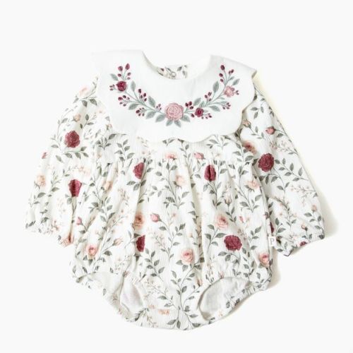 Picolette by Olivia Culpo Baby Girls' Floral bib Long Sleeve Romper - Ivory/Pink Newborn