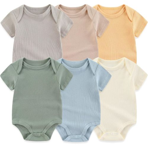 Baby Bodysuit 6 Pack Soft Mixed Ribbed Short Sleeve Romper Infant Boy Girl Clothes Set