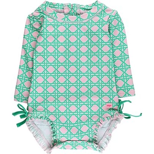 RuffleButts Baby Girls UPF 50+ Sun Protection Floral Printed Long Sleeve One Piece Rash Guard Swimsuit with Zipper
