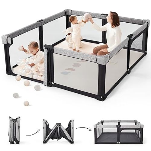 Sweeby Baby Playpen, 59x59 Inch Gate Foldable for Babies and Toddlers, Extra Large with Door Play Yard for Fence Indoor and Outdoor, Light Khaki
