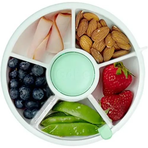 GoBe Kids Small Snack Spinner Flip Bundle with Hand Strap and Sticker Sheet - Reusable Snack Container with 5 Compartment Dispenser and Lid | BPA/PVC Free | Dishwasher Safe | No Spill- Mint Green