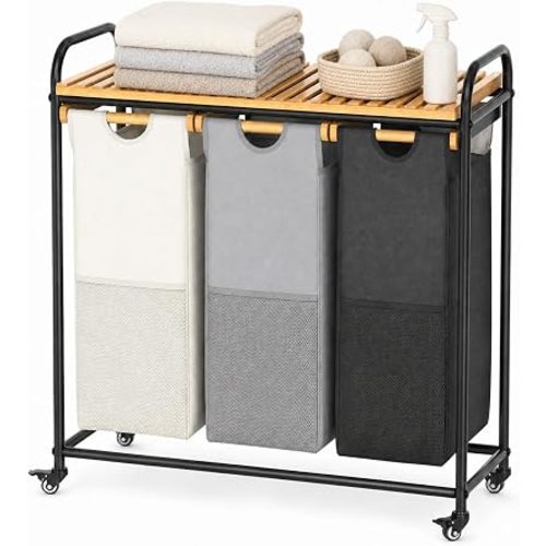 Laundry Hamper with Wheels, Laundry Hamper 3 Section and Laundry Basket, 135L Rolling Laundry Sorter Cart with Bamboo Shelf for Clothes, Towels, Bathroom, Laundry Room