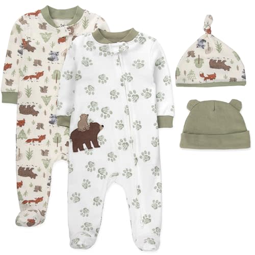 Baby Essentials Baby Boy 4 Piece Outfit Set – Romper Footies Sleep & Play and Hat Set – All Season Baby Clothes Gift Set