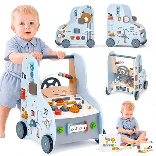 Giant bean 11-in-1 Wooden Baby Walker with Activity Center, Car Theme Montessori Walking Toy with Steering Wheel Tool Bench, Push Walker Speed Adjustable, Learning to Walk Gift for Toddler 1-6