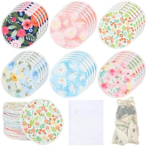Sosation 30 Pcs Reusable Breast Pads Nursing Covers with Wet and Laundry Bag Floral Nipple Pads for Breastfeeding Mom Gift