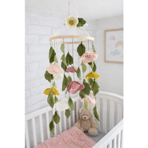 Wool Felt Anemone Flower Baby Mobile, Boho Floral Nursery Decor, Woodland Crib Mobile