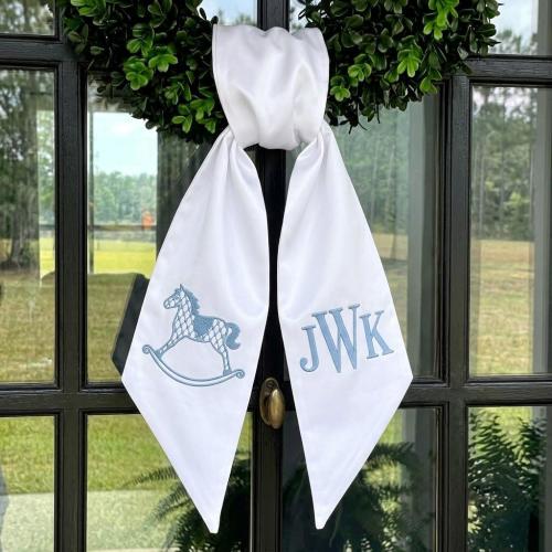 Custom Monogram Wreath Sash, Rocking Horse Embroidery, Baby Boy Nursery Decor, Front Door Ribbon, Baby Shower Gift, Baptism Decor, Birthday