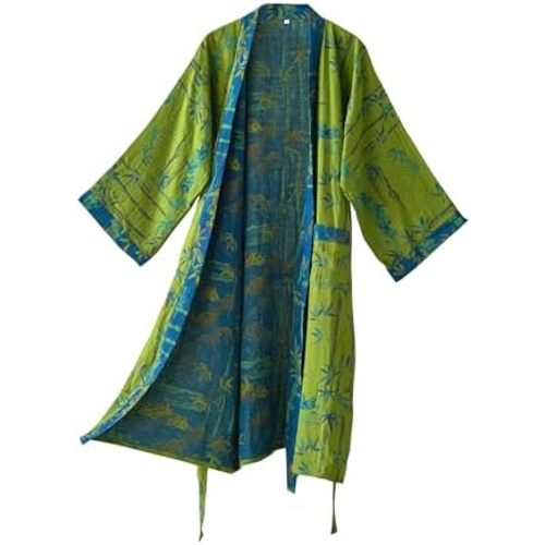 100% Cotton Gauze Ginkgo Leaf Kimono Robe, Long Knit Loose Loungewear Bathrobe Nightgown Ladies Sleepwear for Women
