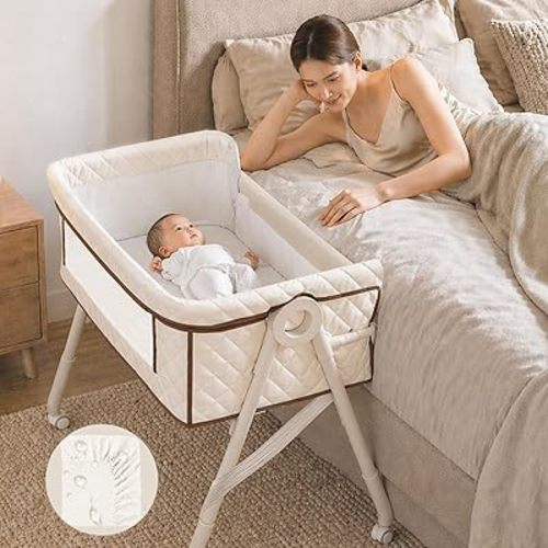 Baby Bassinet, Bassinet Bedside Sleeper for Baby, 3 in 1 Bedside Bassinet, Bassinets for Newborn with Wheels, Mattress, Waterproof Sheet, Mosquito Net, Breathable Mesh, Portable Baby Crib(Latte)