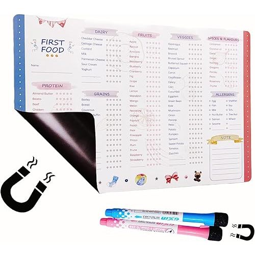 Baby First Foods Tracker with Fridge Magnet, Baby Food Tracker with Back Ful Coverl Magnet, Daily Food Log Book Repeatable Erasing and Writing, 101 Before 1, Dry Erase Baby Food Chart/Checklist
