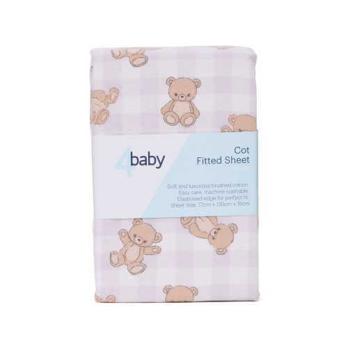 4baby Flannel Cot Fitted Sheet Gingham Teddies Lilac