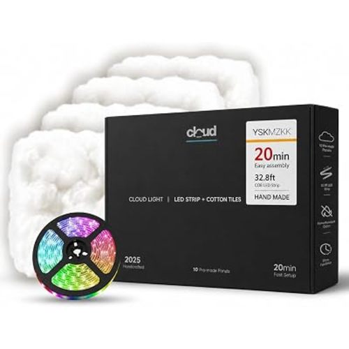 Cloud Lights for Ceiling with 32.8 ft LED Strip Lights – Pre-Made Peel & Stick 3D Cloud Lights, Soft Glow LED Ceiling Decor for Bedroom, Dorm, Gaming Room, Kids Room, Fire-Retardant, 10 Panels