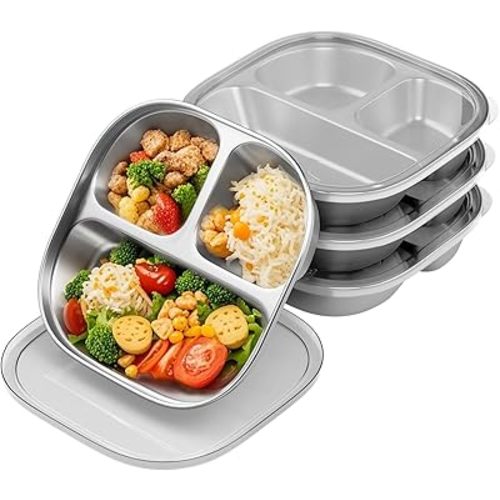 Stainless Steel Kids Plates,Set of 4 Toddler Plates with Lids - 3 Compartments Stainless Steel Snack Containers for Kids Non Toxic & 100% BPA Free