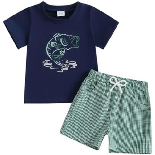 Toddler Boy Summer Outfits Blue Crew Neck Short Sleeve Dog Embroidered T-Shirt and Yellow Plaid Shorts 2 Pcs Set