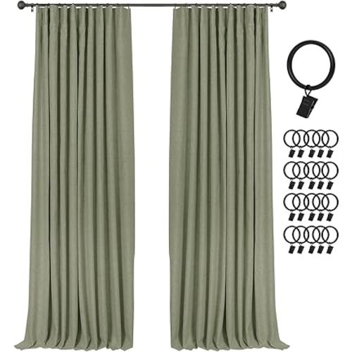 INOVADAY 100% Blackout Curtains for Bedroom, Black Out Curtains 84 Inch Long, Clip Rings Linen Blackout Drapes, Thermal Insulated Room Darkening for Living Room, 2 Panels - Light Sage Green,W50xL84