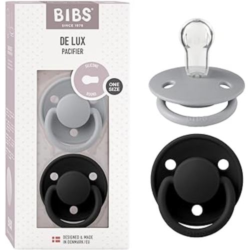 BIBS Pacifiers - De Lux Collection | BPA-Free Round Nipple | Silicone | Made in Denmark | Set of 2 Cloud/Black Color Premium Soothers | Size One Size