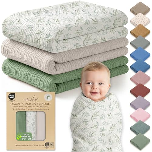 Organic Muslin Baby Blanket 3-Pack Green, Ivory & Floral 38x40 Inch 100% Organic Cotton Oeko-TEX Certified Hypoallergenic Swaddle Blanket for Newborn Girls, Pastel Baby Girl Gift