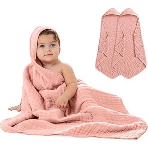 Comfy Cubs Hooded Baby Towel 2-Pack, Large 32 x 32 Inch - 6 Layer 100% Muslin Cotton for Babies, Toddlers and Kids - Soft & Absorbent Baby Bath Towels - Unisex Design for Bath Time - Bold Blush