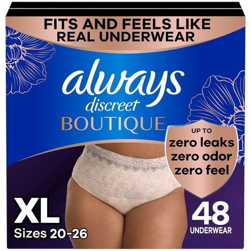 Always Discreet Boutique Incontinence and Postpartum Underwear for Women, Maximum Protection, Extra Large, Rosy, 48 Count (3 Packs of 16)
