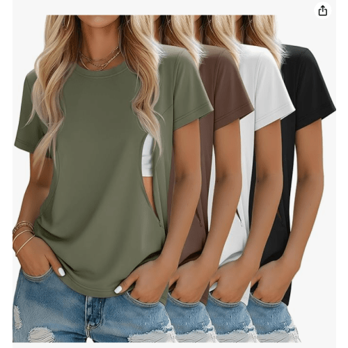 Oakgarden 4 Pack Women's Nursing Breastfeeding Shirts with Zipper Loose Fit Short Sleeve Maternity Top Nursing Clothes