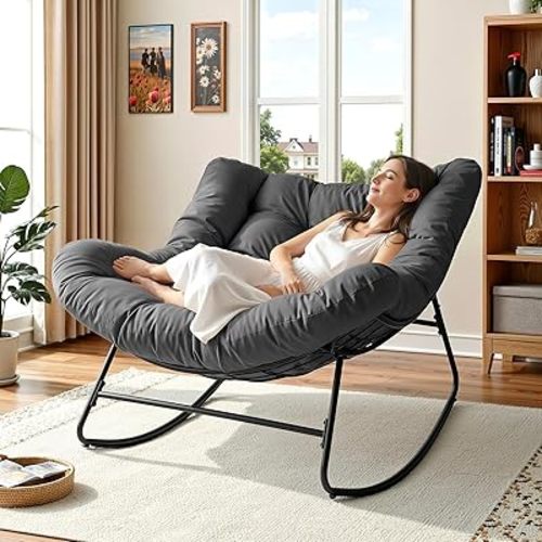 Papasan Rocking Chair Indoor, Oversized Rocking Chair with Thickened Cushion, 450 lbs Comfy Egg Chair Indoor, Lounge Reading Glider Chair for Bedroom, Dark Gray
