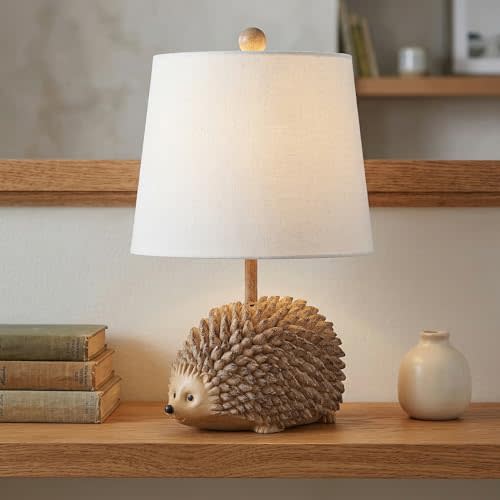 Hedgehog Table Lamp.Resin Woodland Animal Accent Lamp For Bedroom,Nursery | Rustic Forest animals Design Decorative Bedside Lamp With Linen Shade , Small Cute Ambient Gift for Kids Teens Women