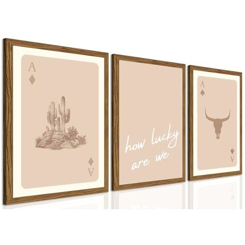 Western Wall Art Set of 3, Vintage Southwestern Cowboy Playing Card Wall Decor Painting, Longhorn Bull Skull and How Lucky Are We Canvas Prints Artwork for Bedroom Living Room 16x24 inch Wood Framed