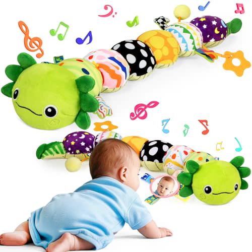 Baby Toys for 0-6 6-12 Months, Plush Axolotl Toy with Crinkle and Rattles for Infant Newborn, Sensory Music Animal Stuffed Toy for 0 1 2 3 4 5 6+ Month, Tummy Time Toys Gifts for 0-3-6-12 Months,Green