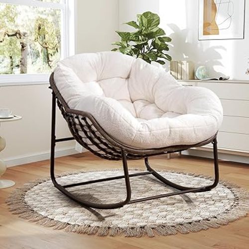 SLEERWAY Large Indoor Rocking Chair, Oversized Rocking Papasan Chair with Thick Cushion and Frame,Comfy Teddy Rocker Wicker Egg Chairs Lounge Reading Chair for Living Room, Bedroom, Apartment, White