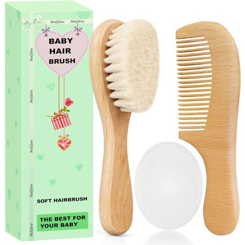 Baby Hair Brush, Goat Bristles Brush and Baby Cradle Cap Brush Set for Newborns and Toddlers,Wood Comb l White Cradle Cap Brush| Ideal for Cradle Cap (3 Piece)