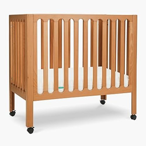 Newton Baby Galileo Mini Crib Solid Beech Wood with Wheels in Chestnut Color, Mini Crib Mattress Included, Adjustable Mattress Height, Ultra-Safe Non-Toxic Finish