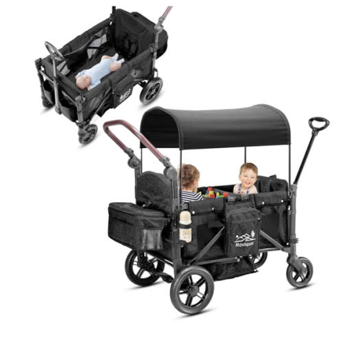Rovique Stroller Wagon for 2 Kids,Premium Wagon for Kids with Removable Canopy,Snack Tray,All-Terrain PU Wheels & Adjustable Push/Pull Handle (Black)
