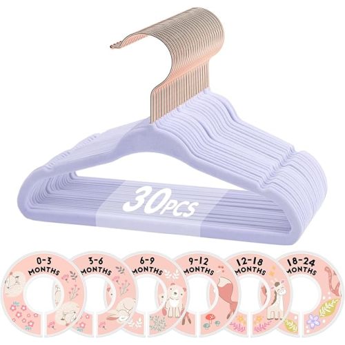 VIS'V Baby Hangers, 11 Inch Velvet Kids Hangers with 6 Pcs Clothes Size Dividers, Infant Toddler Nursery Closet Organization, Non Slip, Lavender, 30 Pcs