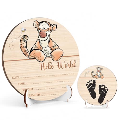 Winnie Tiger Baby Wooden Newborn Birth Sign, Hello World Newborn Signs, The Pooh Tiger Baby Name Sign, Babies Announcement Signs Photography Prop, Double Sided Hello World for New Mom