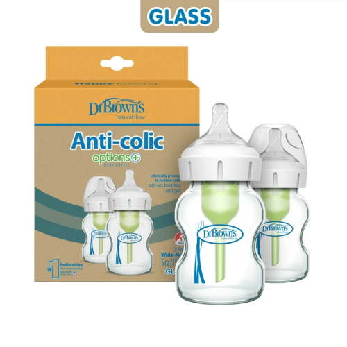 Dr. Brown's Anti-Colic Options+ Wide-Neck Glass Baby Bottle, 5oz, Slow Flow Nipple, BPA Free, 0m+, 2-Pack