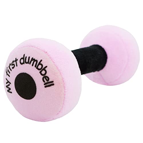 June Garden 6" Pink Dumbbell Plush Baby Rattle Sensory Toy | Easy-grasp 6-inch pink dumbbellwith gentle rattle supports sensory play during tummy time, travel and baby gifting