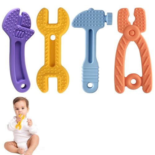 4 Pack Chew Baby Teething Toys for 0-12 Months, Freezable BPA Free Silicone Baby Molar Teether Chew Toys, Hammer Wrench Spanner Pliers Shape Baby Girl's Boy Car Seat Toy