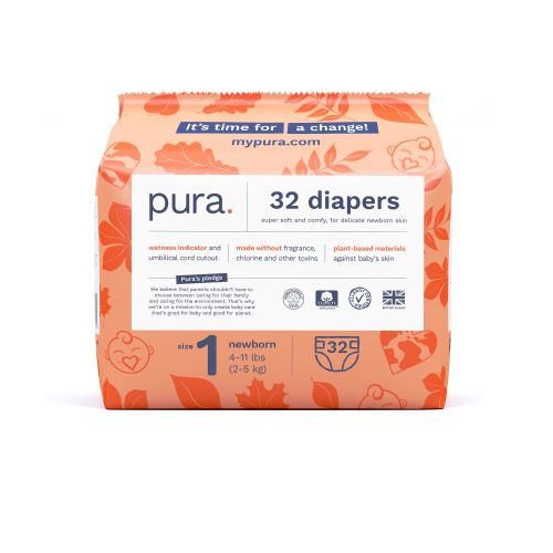 Pura Size 1 Eco-Friendly Diapers (4-11lbs) Hypoallergenic, Soft Organic Cotton Comfort, Sustainable, Wetness Indicator, Allergy UK Certified. Newborn 1 Pack of 32 Baby Diapers RDD17