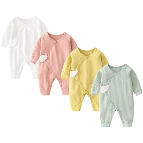 Newborn Baby Romper - Unisex Cotton Bodysuit for Infant Baby Boys Girls 4 Pack Long Sleeve Button Solid Jumpsuits