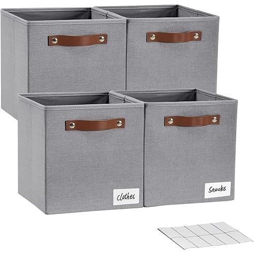 Collapsible Fabric Storage Cube Bins with 2 Reinforced PU Handles, Foldable Storage Organizer Baskets for Closet, Shelves, Living Room | 11"x11"x11", 4 Pack, Full Gray