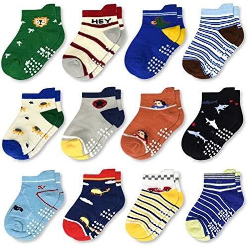 Tphon Non Slip Kids Toddler Socks with Grippers Baby 12 Pairs Anti Skid Socks for Boys Girls 0-7 Year Children