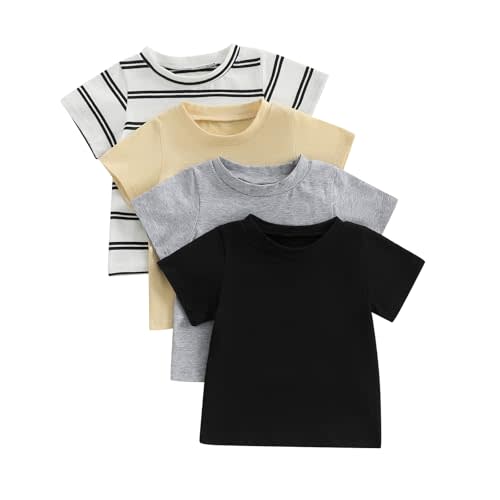 Baby Boy 4-Pack Short Sleeve Crewneck T-Shirts Top Active Tee Toddler Boys' Solid/Striped Cotton T-Shirt