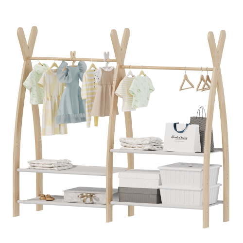 Hironpal Wooden Kids Clothing Rack,Double Toddler Garment Rack with 2-Tier Bottom Shelves for Bedroom,Natural Wood