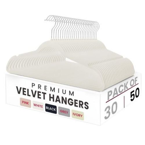 Pack of 50 Clothes Hanger Non Slip Ultra Thin Velvet Hangers for Dress Pent Shirts & Coat - White
