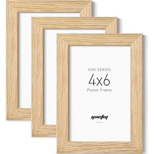Yaetm 4x6 Oak Wood Picture Frame Set of 3, Natural Solid Wood 4x6 Frame with Tempered Glass for Tabletop & Wall mount (3 Pack, Oak)